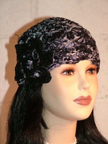 KNC Hand Crochet Ribbon 'n Rose Cloche Accent Black