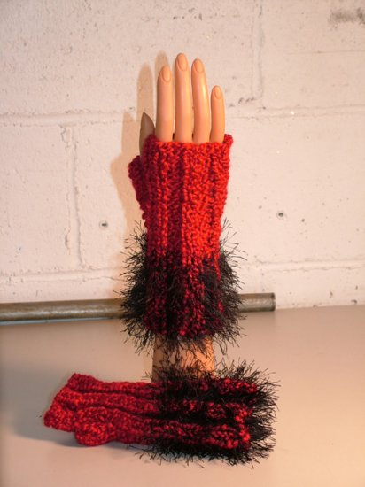 KNC Hand Knit Fur Wrist Warmers Candy Apple