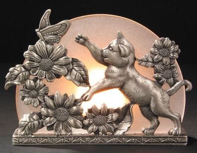 KNC Gorgeous Pewter Glass Cat Tealight Holder