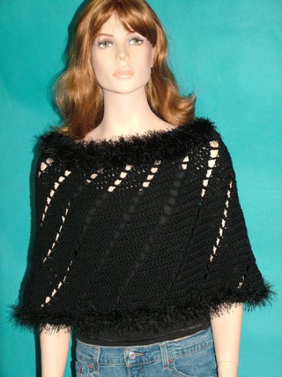 KNC Hand Crochet Short Spiral Poncho Black