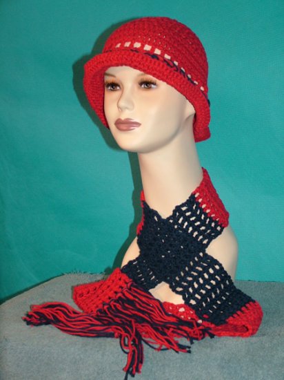 KNC Crochet Cotton Hat-Scarf Set RedNavy