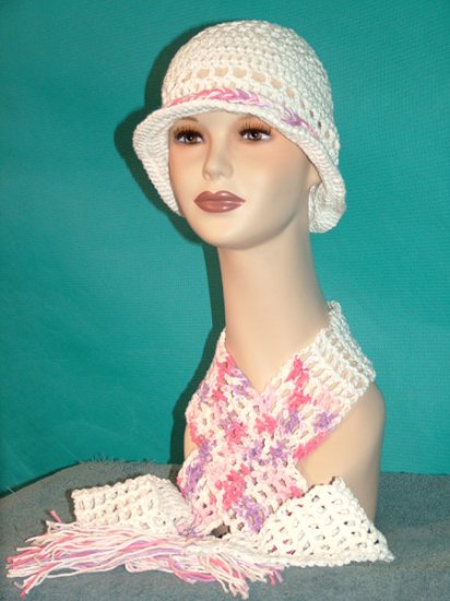KNC Crochet Cotton Hat-Scarf Set WhitePinkLilac