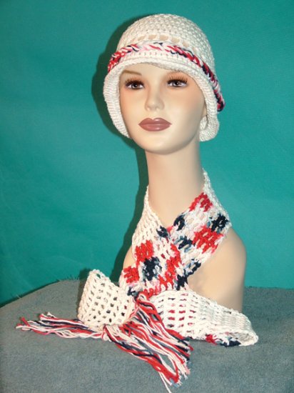 KNC Crochet Cotton Hat-Scarf Set RedWhiteBlue