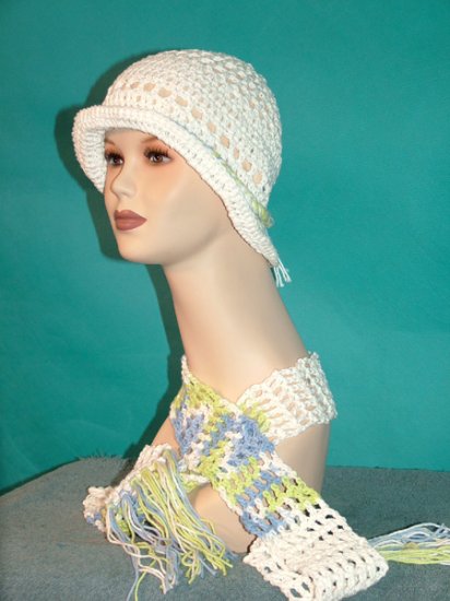 KNC Crochet Cotton Hat-Scarf Set LimeBlue