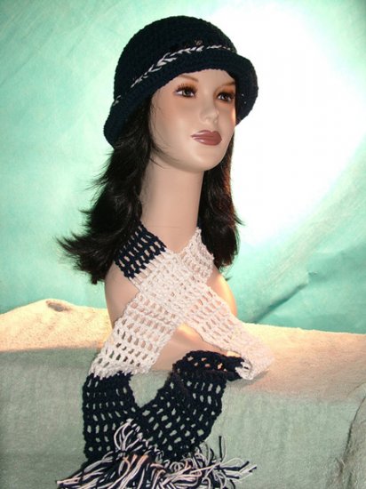 KNC Crochet Cotton Hat-Scarf Set WhiteNavy