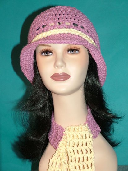KNC Crochet Cotton Hat-Scarf Set MauveCream