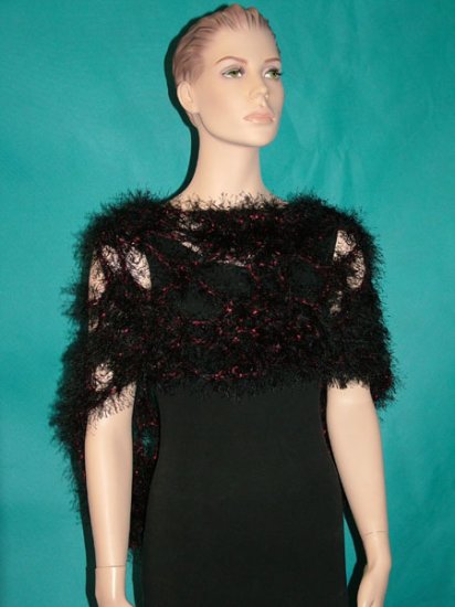 KNC Hand Crochet Elegant Fur Wrap BlackRed Sz S-M