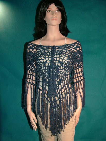 KNC Hand Crochet Jungle Rose Poncho Wool Mix - Denim