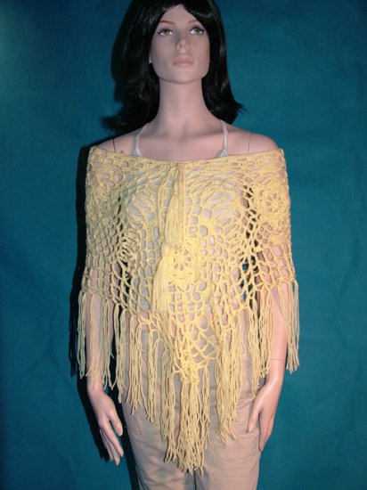 KNC Hand Crochet Jungle Rose Poncho Wool Mix - Pastel Yellow