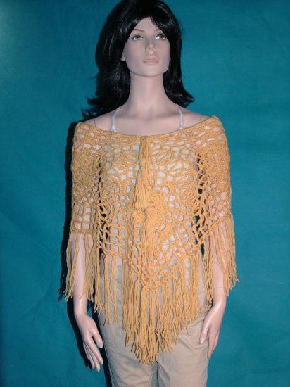 KNC Hand Crochet Jungle Rose Poncho Wool Mix - Butterscotch