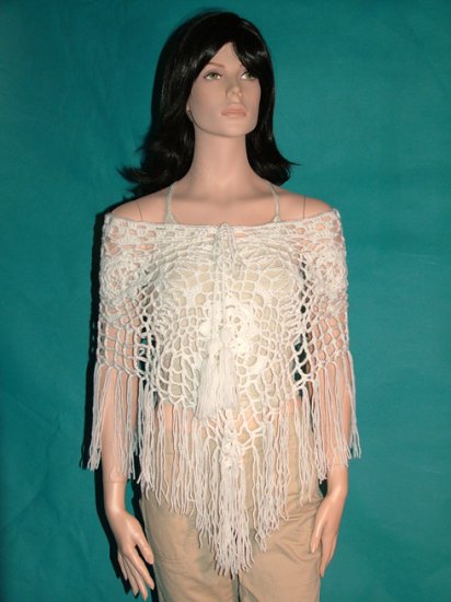 KNC Hand Crochet Jungle Rose Poncho Wool Mix - White