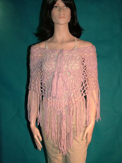 KNC Hand Crochet Jungle Rose Poncho Wool Mix - Blush Heather