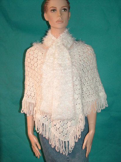 KNC Hand Crochet Plush-Fur Poncho w Hand Knit Plush-Fur Scarf White