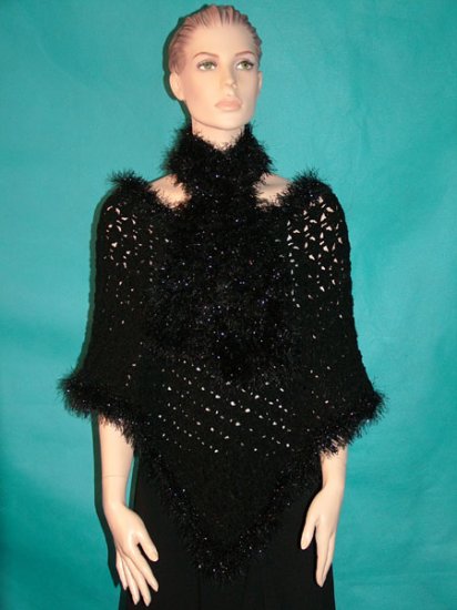 KNC Hand Crochet Plush-Fur Poncho w Hand Knit Plush-Fur Scarf Black Glitter