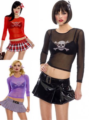 Red Goth See-Thru Mesh Seamless Long Sleeve Shirt w/ Skull