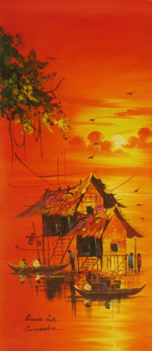 Painting Asian Landscape Cambodia Tonlesap Lake