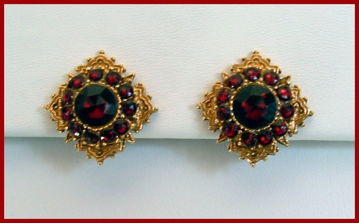 Vintage Garnet Colored Rhinestone Clip Earrings Signed Art