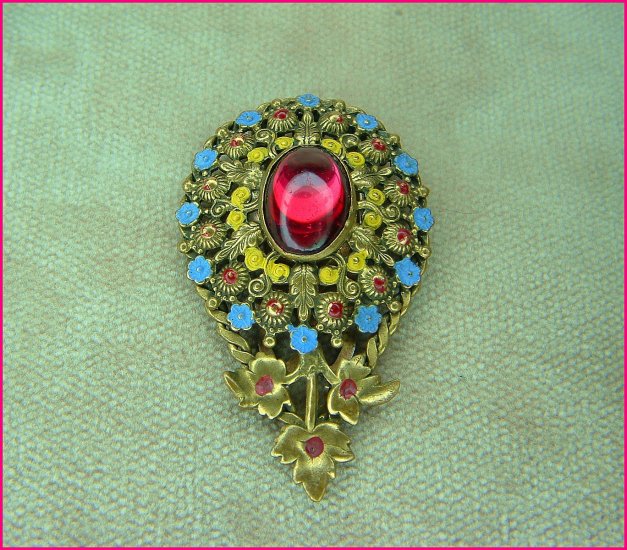 Antique Enameled Brass Fur Clip With Glass Cabochon