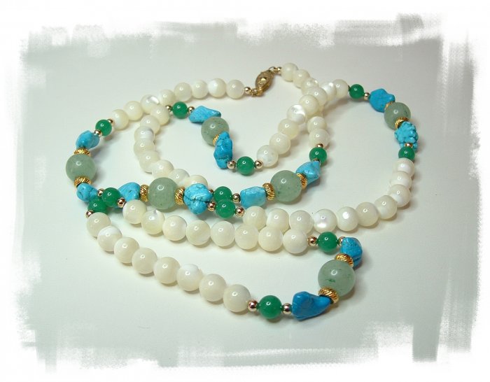 Mother of Pearl, Jade and Turquoise Bead Necklace
