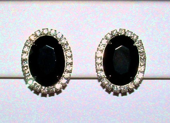 Vintage Black Glass and Crystal Rhinestone Clip Earrings