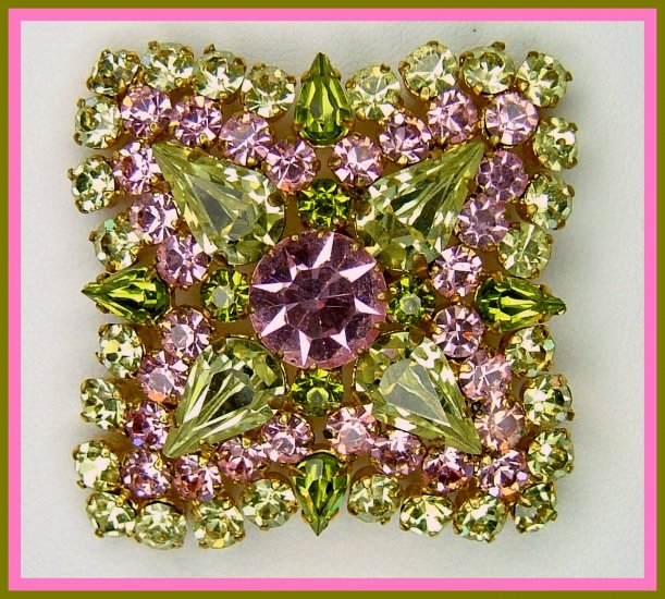 Gorgeous Pink, Yellow and Green Rhinestone Brooch