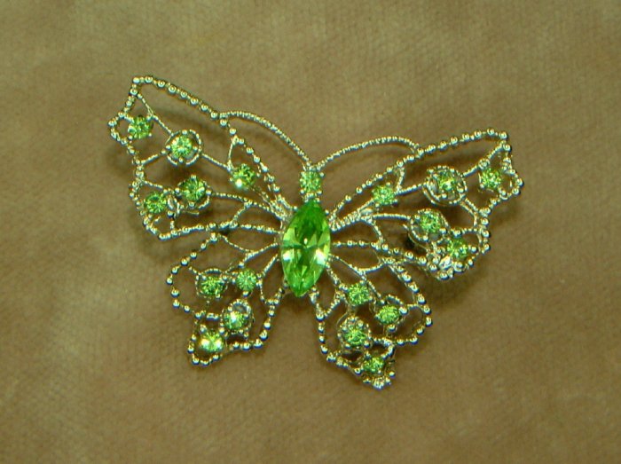 "SOLD" Peridot Rhinestone Butterfly Brooch and Earrings Signed Dodds
