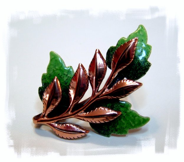 *SOLD* Vintage Green Enameled Copper Leaf Brooch Signed Matisse Renoir