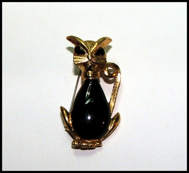 Vintage Gold-tone Black Enamel Cat Pin