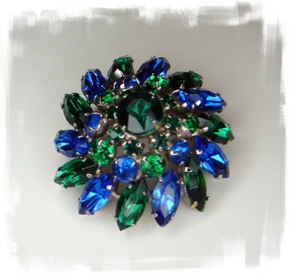 Vintage Julianna Style Blue Green Rhinestone Brooch