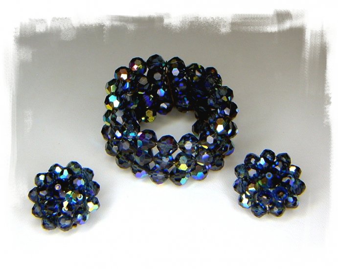 Vintage Blue Crystal Bead Wrap Bracelet and Earrings Signed Laguna