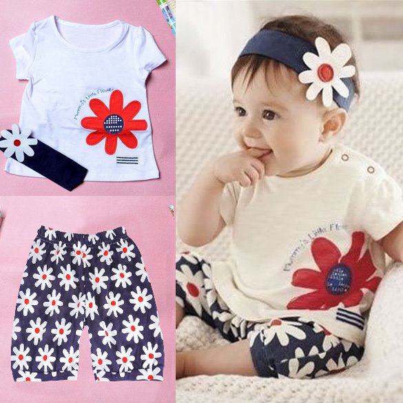 Size 90 - Baby Girl 3 pcs Outfit - T Shirt + Headband + Short Pants