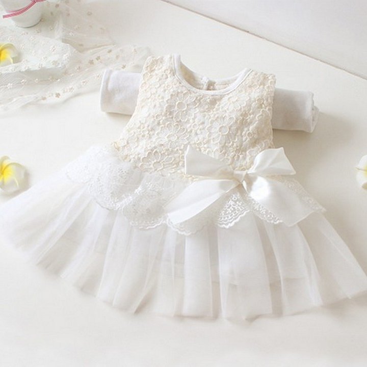 Size 90 White - Girls' Lace Tulle Flower Princess Dress