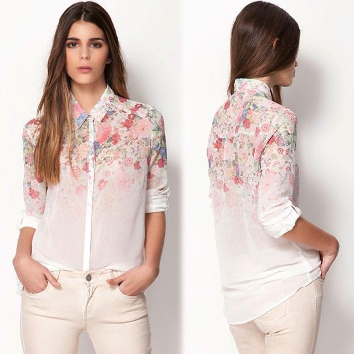 Size Asian M (US S(4) UK 6 AU 8) - Women's Shirt Summer Flowers Print Chiffon Blouse