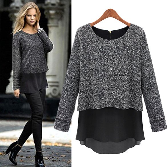 Size Asian XL (US L(12),UK 14, AU 16) - Stylish Women's Long Sleeve False Two Piece Spring Top