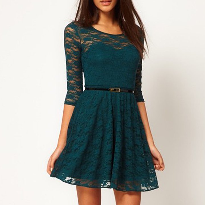 Size Asian S (US S(2) ,UK 2, AU 4) Deep Green - Ladies Round Neck Lace Dress With Belt