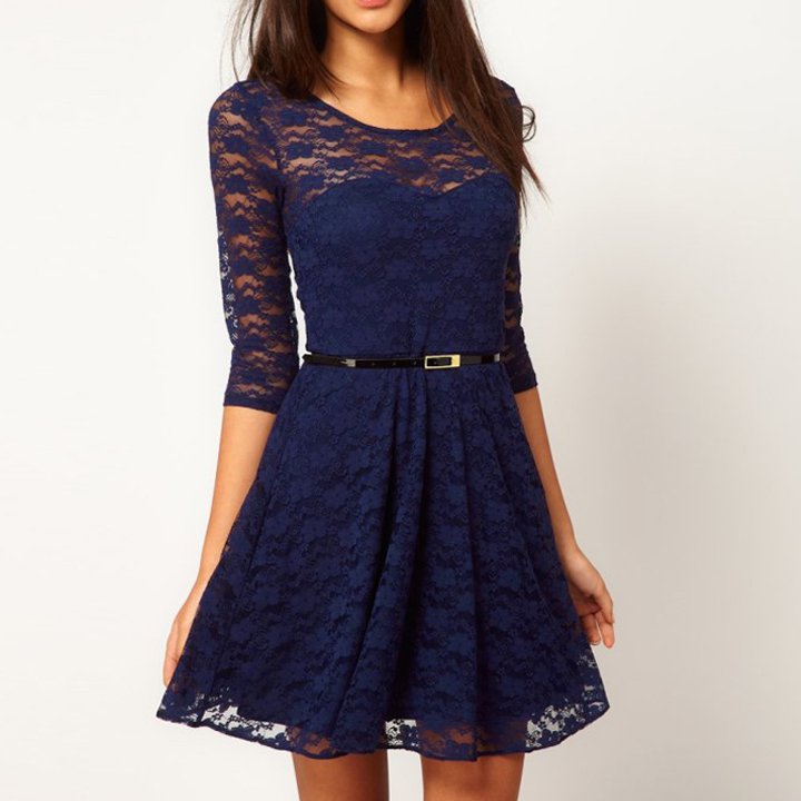 Size Asian L (US M(8-10),UK 10, AU 12) - Ladies Round Neck Lace Dress With Belt