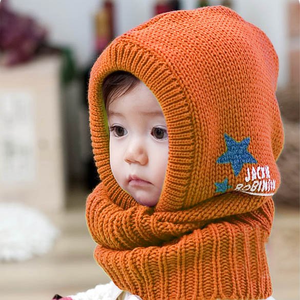 Orange color - New Korean Style Cute Children Stretchy Warm Winter Hat Beanie Collar Cap