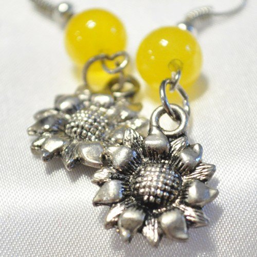 Sunflower earring with bright yellow jade bead accent