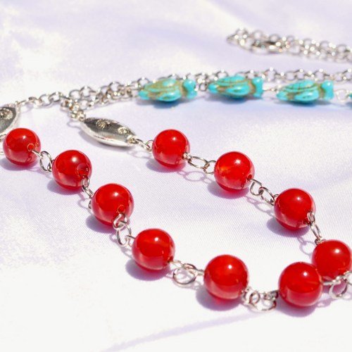 Necklace southwestern glass and turquoise with turtles
