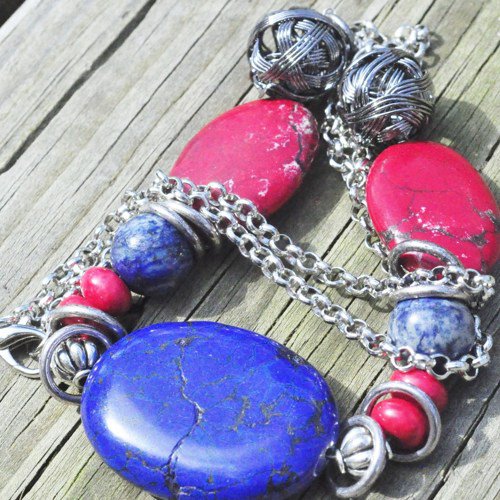 Necklace southwestern chunky in red and blue on silver with wire wrapped accents