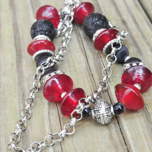 Necklace red and black asian inspired with cinnebar and silver
