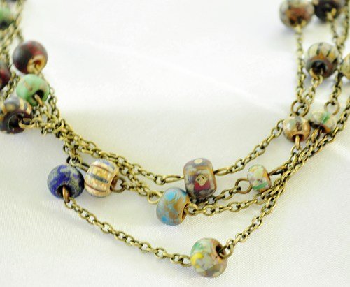 Necklace czech glass in neutrals with wire wrapped beads on antiqued brass chain