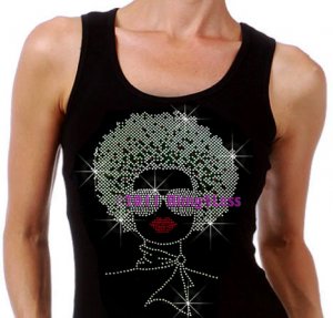 Lady with Afro - SILVER - Iron on Rhinestone - Junior Black TANK TOP - Pick Size S-3XL - Shirt