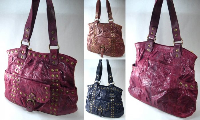Elcante - Crinkle Leather Look Tote Style Handbags with Metal Button Studs. ( 0562HB-AH6511 )