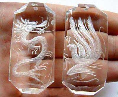 Crystal Carved Dragon phoenix two Pendants