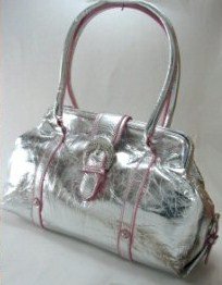 Double Strap Metallic Handbag with Front Rhinestone Buckle and Contrasting Trim