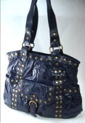 Elcante - Black Crinkle Leather Look Tote Style Handbag with Metal Button Studs