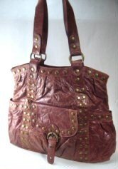 Elcante - Brown Crinkle Leather Look Tote Style Handbag with Metal Button Studs