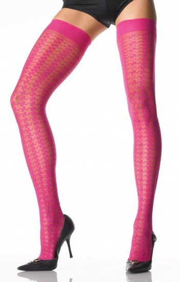 Sheer Opaque Woven Houndstooth Thigh High Stockings