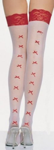 Sheer Thigh High with Contrast Lace Top and Rear Bows
